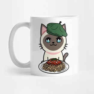 Cute siamese cat eating spaghetti Mug